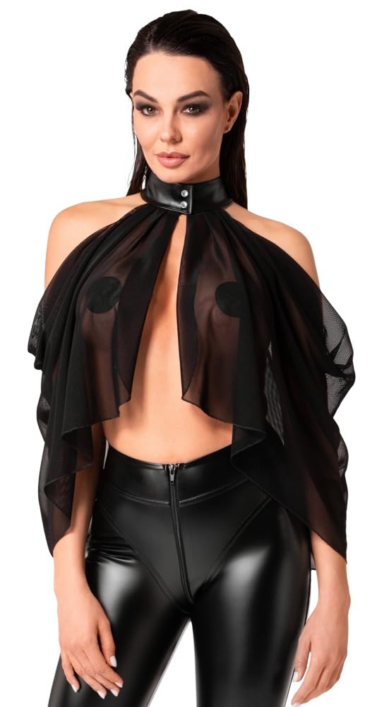 Noir Bolero Luftiges Transparent-Top im Cape-Style: Asymmetrisch, Schulterfrei mit Neckholder, Feiner Stretchtüll 4XL
