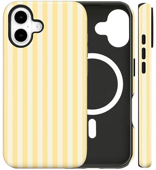 flewfun Magnetic for iPhone 16 Case Cute Stripes Phone Case, Shockproof Slim TPU and Hard PC Protective Phone Cover Compatible with MagSafe Designed for Women Girls, Yellow by flewfun - Used condition - CA$15.98