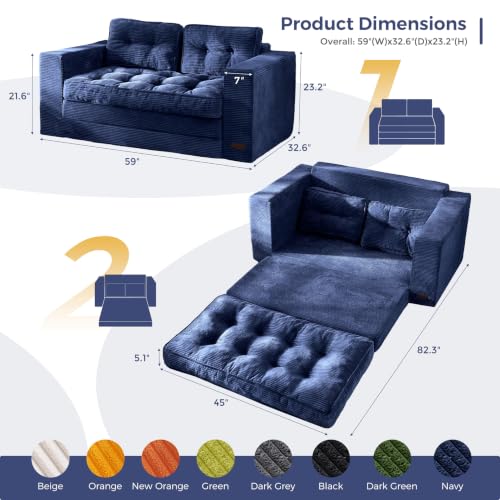 Image of MAXYOYO Convertible Sofa Bed, Pull Out Loveseat Sofa Couch, 2 in 1 Folding Couch Bed, Fold Out Floor Couch with Pillows for Living Room Lounge, Navy
