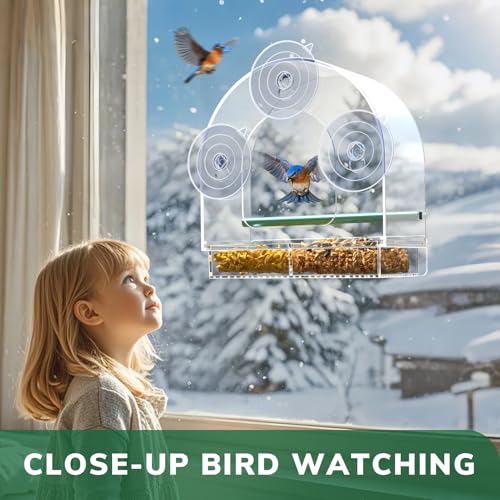 Image of SUNALLY Window Bird Feeder for Outdoors, Clear Feeders Window Mounted with Strong Suction Cups, Fummingbird Feeder for Viewing Inside, Oriole, Finch Bird Watching for Cats, Elderly, Kids