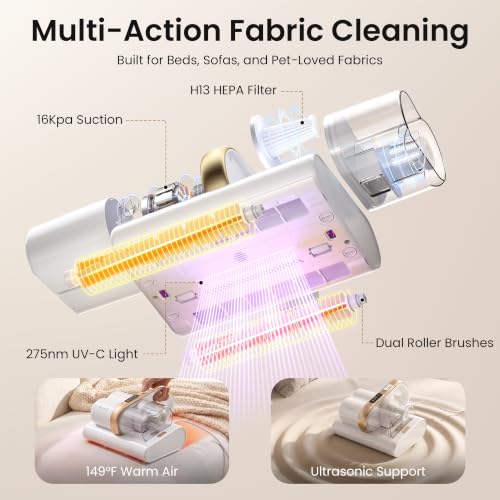 Image of HEAPETS Mattress Vacuum Cleaner, 16Kpa Bed Vacuum with 275nm UV-C Light & 149℉ Heat & Ultrasonic, Dual High-Speed Roller Brushes & H13 HEPA Filter for Pet Hair, Bed, Sofa, Couch, Corded White
