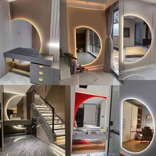 LED Backlit Dimmable Bathroom Mirror, Tri-Color Anti-Fog, Wall-Mounted Half-Circle Frameless Design, Touch Switch, 35" Left Cut Decorative Mirror