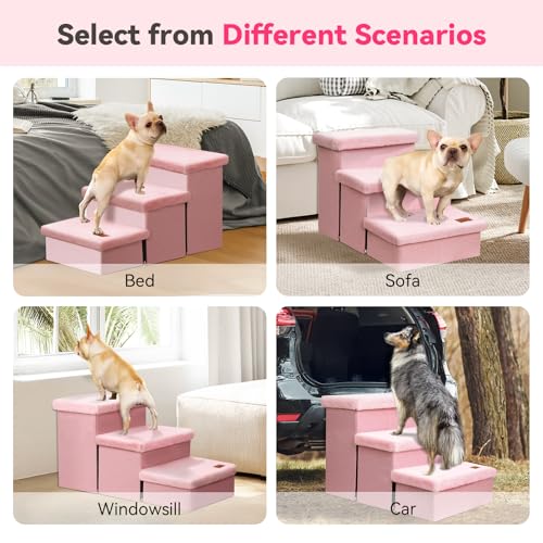 Image of Dog Stairs with Furry Lids 18 inch H, 3-Step Wider Dog Steps with Storage for Small /Medium /Large Dogs Cats, Folding Sturdy Pet Stairs Climbing Bed or Sofa, Ramp for Car Hold Up to 200 lbs, Pink
