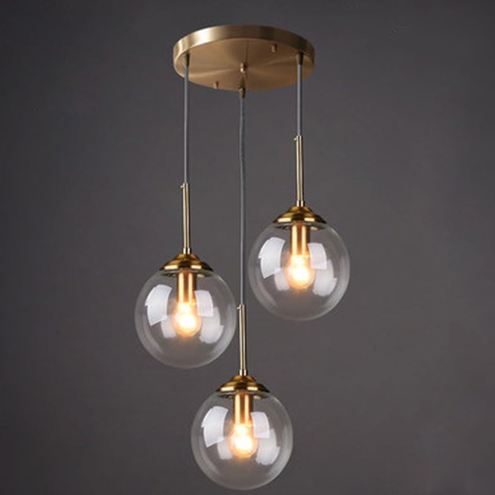 CONERY Lampadari a sospensione in vetro a 3 luci Lampadario in ottone dorato vintage Lampada a sospensione a sospensione a sfera regolabile E14 Lampadario a soffitto industriale per isola cucina