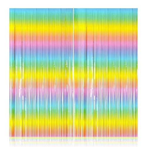 Image of Party Propz Multicolour Fringe Foil Curtains for Birthday Decorations - 2Pcs Pack, 3Ft x 6Ft Each, Rainbow Backdrop for Unicorn Theme Party, Baby Shower, Kids Birthday