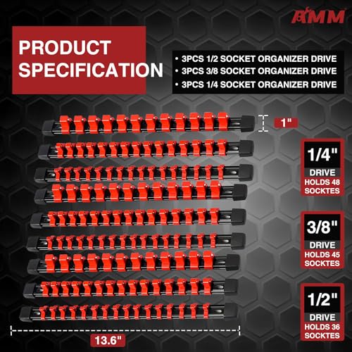 Image of AMM 9-Piece Socket Organizer, 1 /2, 3 /8 & 1 /4 inch Drive ABS Socket Holder, Heavy Duty Socket Racks