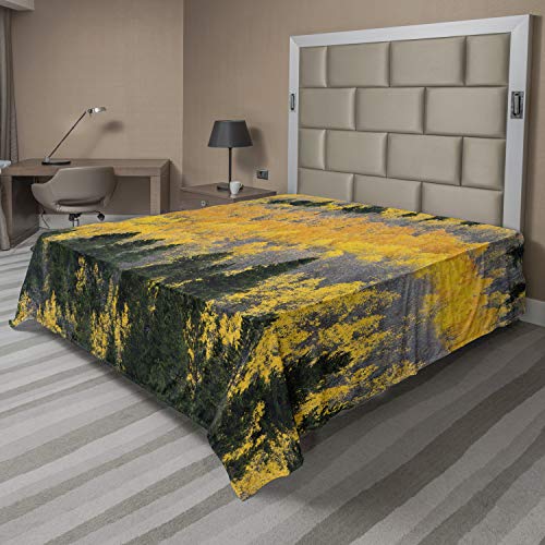 Ambesonne Fall Flat Sheet, Colorful Aspen Forest in Colorado Rocky Mountains Western Wilderness USA Theme, Soft and Comfortable Top Sheet Decorative Bedding 1 Piece, Full Size, Green Yellow Grey