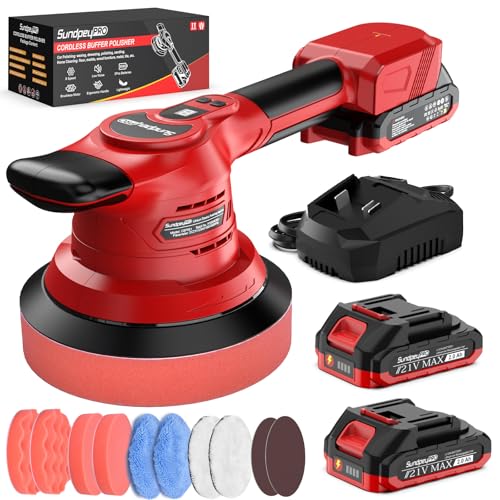 Brushless Cordless Car Buffer Polisher - SundpeyPRO 6 Inch Random Orbital Polisher with 8000RPM & 8 Variable Speed & 2 Battery & Fast Charger & 10PCs Polishing Kit for Waxing Polishing Scratch Removal