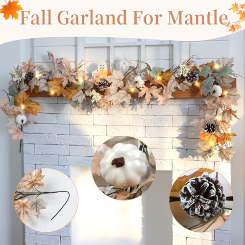 2PACK Fall Garland with Lights,12Ft Neutral Fall Leaves Garlands for Mantle Fireplace, Autumn Leaf Garland for Home Door Table Stairs, Fall Decor with Pumpkins, Thanksgiving Decorations by Generic - Image 2
