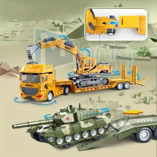 Image of Excavator and Military Tank, Manual Push Power Large Transport Trailer Vehicles Truck Toys Alloy Diecast Truck Set Toy Best Birthday Gift for Kids (Excavator & Tank Truck Set)