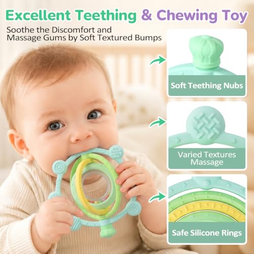 Image of Baby Ring Teething Toys with Rattle for 3 Months+, BPA-Free, Green