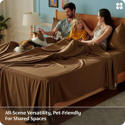 Image of Bedsure California King Sheet Sets, Cooling Sheets for Hot Sleepers, Rayon Derived from Bamboo, PureWoven, Breathable & Soft, Deep Pocket Up to 16 Inches, Hotel Luxury Silky Bedding, Brown