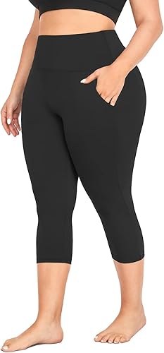 MOREFEEL Leggings capri de talla grande para mujer con bolsillos, elásticos XL-4XL, control de abdomen, cintura alta, pantalones de yoga negros para