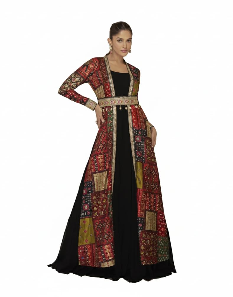 Women's Georgette Gown with & Jacket Chinon Silk Printed Heavy Embroidery Work Solid Flared Gown & Anarkali Koti Style Gown Dress for Women's-image-38