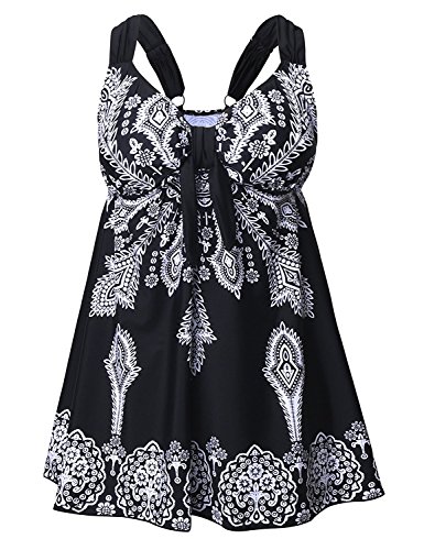 Plus Size Swimwear Printed Tankini Swimsuits 2 Pieces Beachwear with Swim Shorts Black