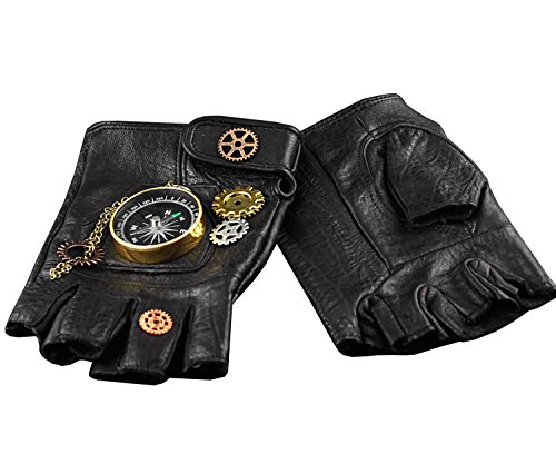 Steampunk Cosplay Compass Gears Fingerless Real Leather Gloves Men/womens (Mens size) steampunk buy now online