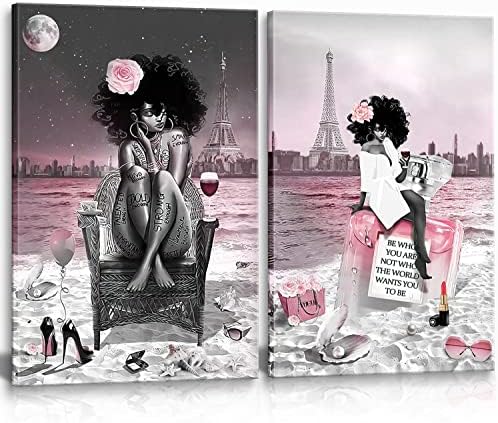 2 Pieces African American Black Girl Wall Art Decor Fashion Modern Pink and Black Beach Paris Eiffel Tower Drawing Painting Picture Poster Prints Art Bedroom Bathroom Living room Girls room Unframed