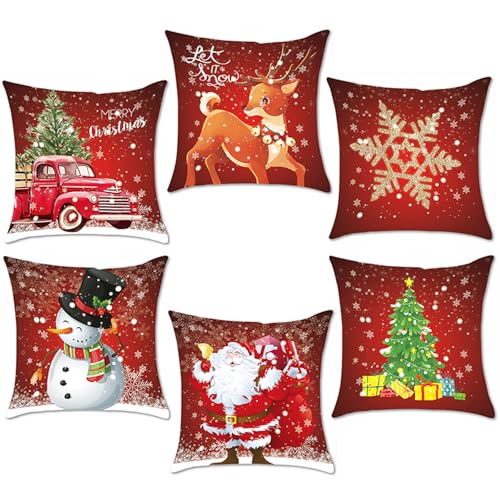 AMLOOPH Set di 6 federe per cuscini natalizi, decorazioni natalizie rosse, 40 x 40 cm, in morbido peluche, quadrate, per decorazioni natalizie per interni
