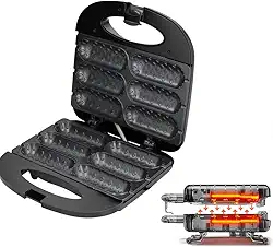 Crepeira Elétrica Antiaderente 6 Cavidades, Preta e Inox, Máquina para Crepes e Hot Dogs com Aquecimento Duplo