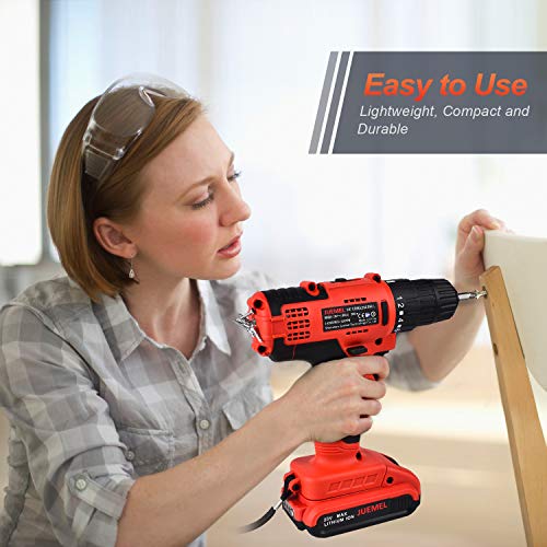 20V MAX Cordless Drill Driver, JUEMEL 100Pcs Accessories Electric Power Drill Set, 2-Speed with Variable Speed Trigger, 3/8'' Keyless Chuck, 18+1 Clutch and 2Ah Lithium-Ion Battery
