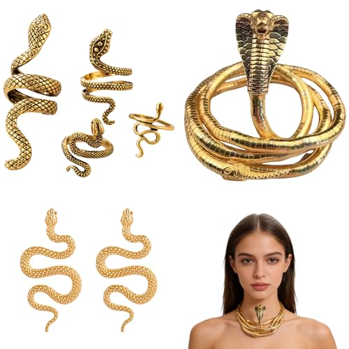 Set Gioielli Serpente 6 Pezzi con Collana Serpente Flessibile Oro e 4 Anelli Vintage, Accessori Costume per Donna e Ragazza, Ideale per Carnevale, Halloween e Feste a Tema Medusa Cleopatra