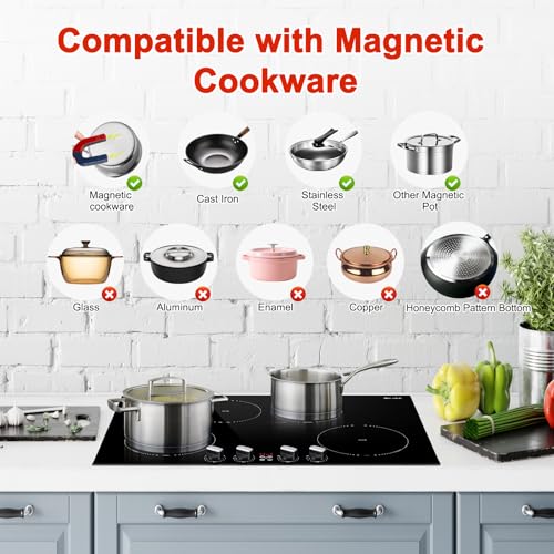 Image of 30 Inch Induction Cooktop 7800W, Weceleh 10 Levels Electric Cooktop with 4 BOOST Burners, Bulid-in Induction Stove Top, Bridge-Sync, Safety Lock, Timer, Knob Control, No Plug, 220-240V