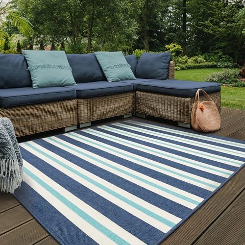 Oriental Weavers Meridian Indoor/Outdoor Rug - 5701B - 7'10" x 10'10" - in Blue/Ivory - Nautical & Coastal, Water, Stain and Fade Resistant, Hose Clean, Patio, Outdoor Living Area Rug