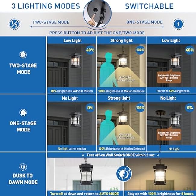 Motion Outdoor Pendant Light Fixture with Dusk to Dawn Sensor Exterior Hanging Lantern with Adjustable Chain Black with Seeded Glass Outside Lights for House Patio Front Porch Lighting