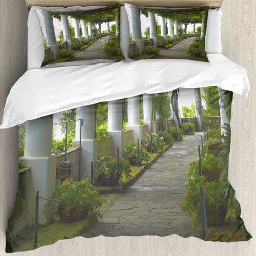 MJNLYDAO Bedding duvet set Reversible soft print set Hypoallergenic glue cover Bedding kit with 2 pillowcases,Terrace with sea views on the island of Capri Italy flowers swirls,228x264cm