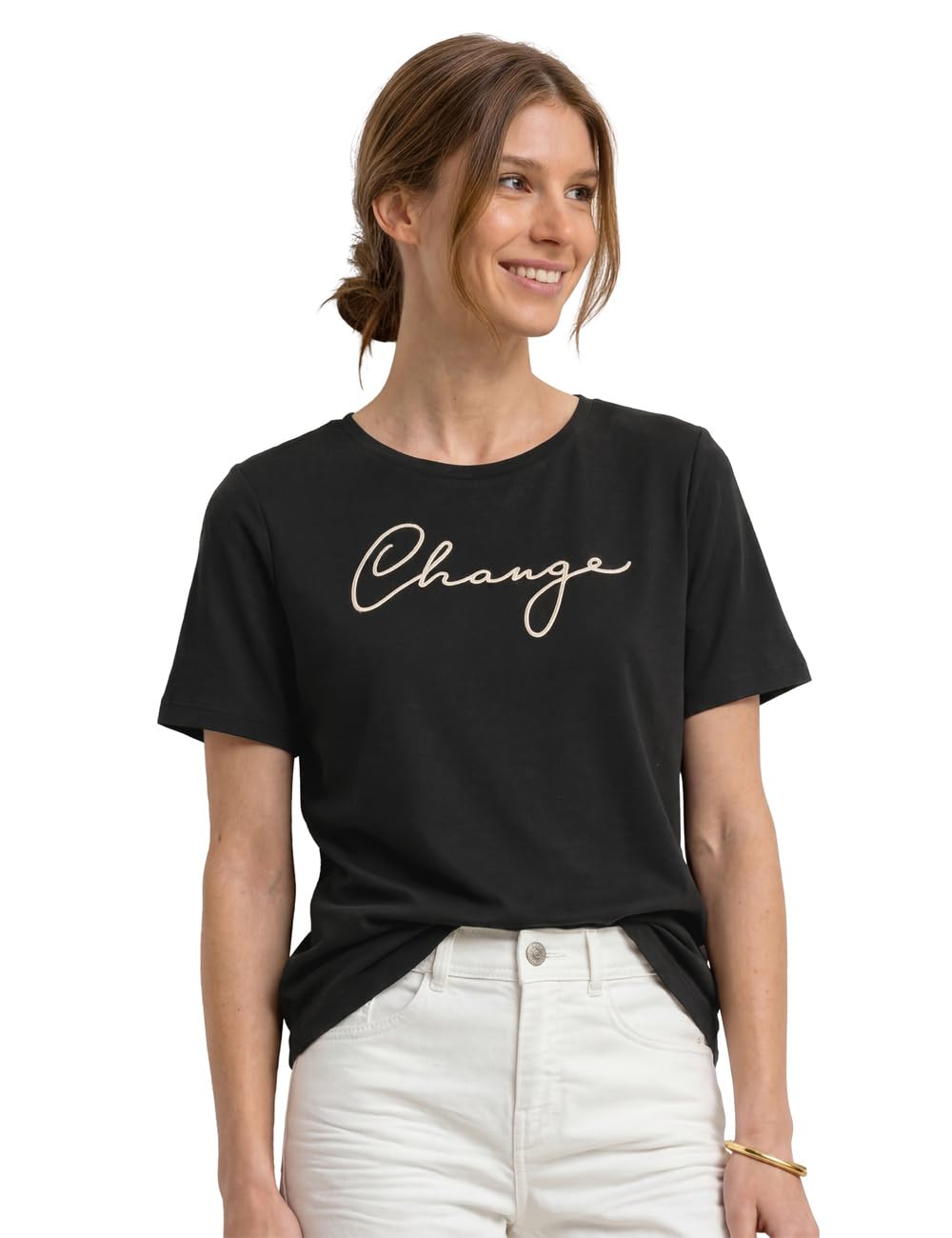 Street One Women's 3230954 T-Shirt with Crew Neck and Wording Artwork (Pack of 1), Black, 12