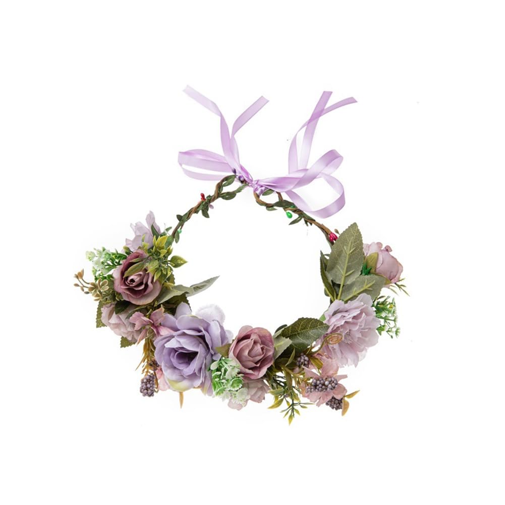 Lofruiin Women's Bohemian Fashion Flower Wreath Adjustable Grass Ring Crown Beach Party Floral Headpiece (A- Purple)