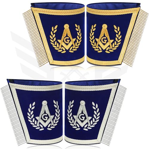 Master Mason Masonic Cuffs – Blue Velvet with Gold or Silver Embroidery | Square & Compass G | Pair with Fringe4