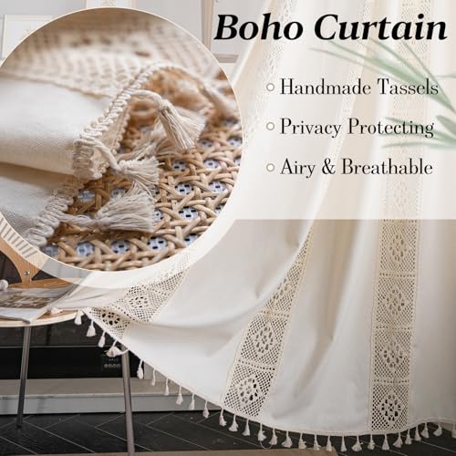 Rideau bohème beige avec pompons et patchwork rustique vintage - 3