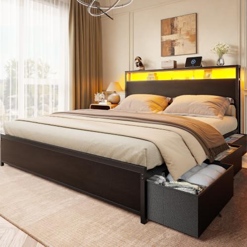 Image of Forestell Queen Bed Frame with 2-Tier Storage Headboard & 6 Drawers