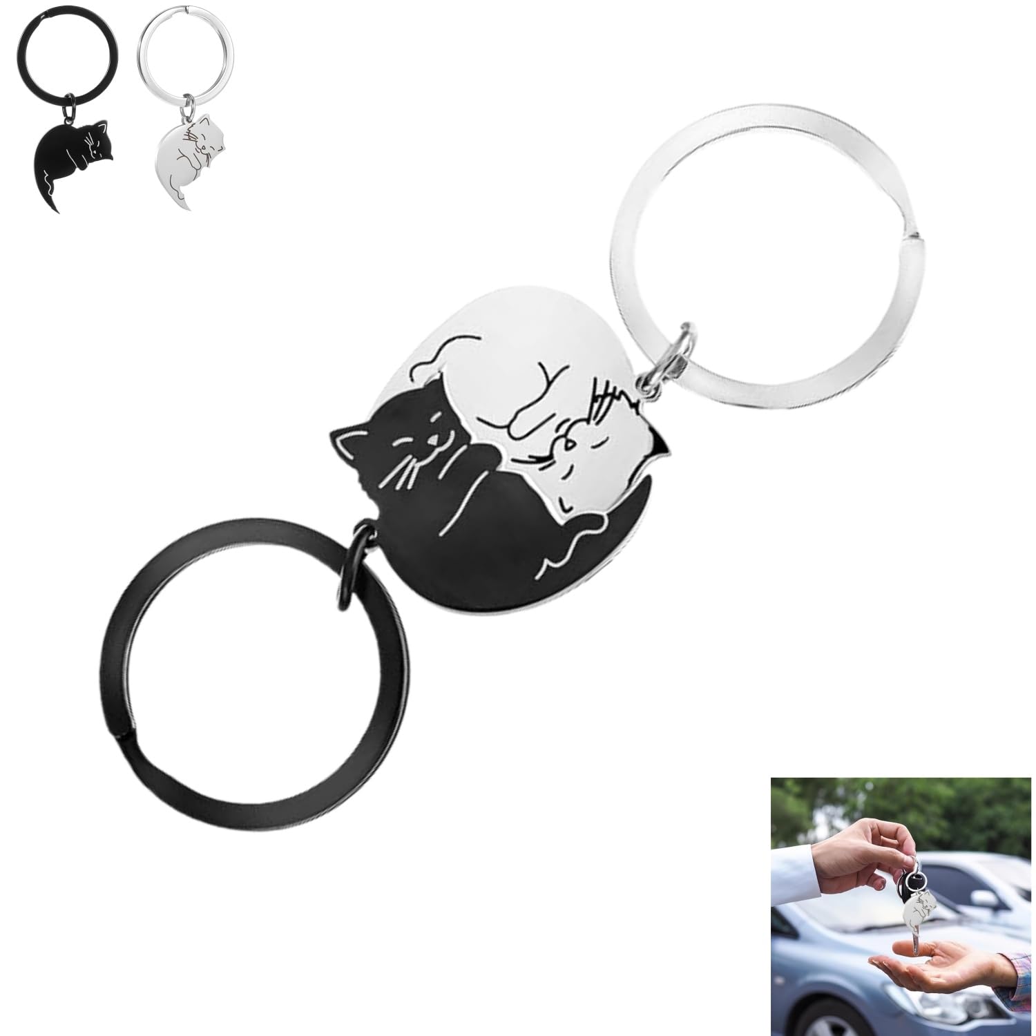 Zpeiran Black, White Cat Matching Couple Keyrings For Him & Her, Personalised Stainless Steel Love Keychain Gift For Anniversary, Birthday & Long Distance Relationships
