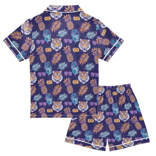 Pineapple Tiger Summer Satin Pajama Set, Cute Button-Down Sleepwear Pj Set for Sleep Wears2