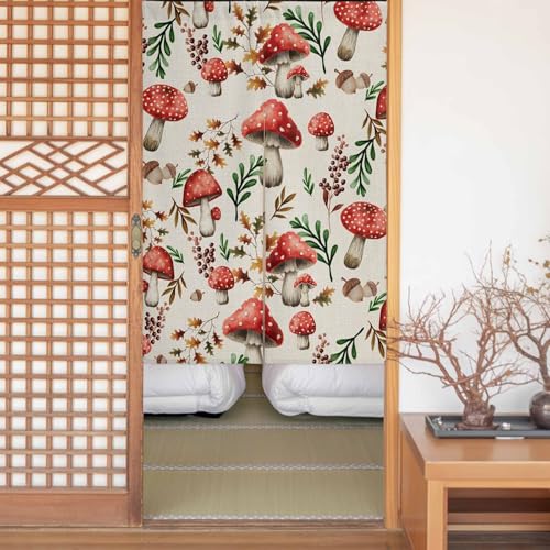 Sauoromeon のれん カーテン 幅75x丈170cm 厚手 遮光 暖簾 ドアカーテン 仕切り 目隠し 通気性 和風 おしゃれ フラット リング対応 ひも付き 植物 野菜 しいたけ 勝手口 玄関 キッチン リビング 春夏秋冬