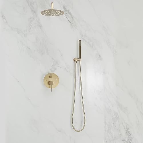 Miniatura 2 de BWE Juego de mezclador de lluvia de lujo de baño dorado cepillado, kit de ducha montado en la pared, sistema de cabezal de ducha de lluvia, grifo de