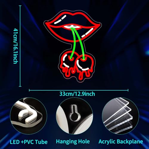 Image of Cherry Lips Neon Sign, JGHTURIE Red Led Neon Signs for Wall Decor USB Powered Bar Lights Signs for Room Man Cave Party Art Decoration
