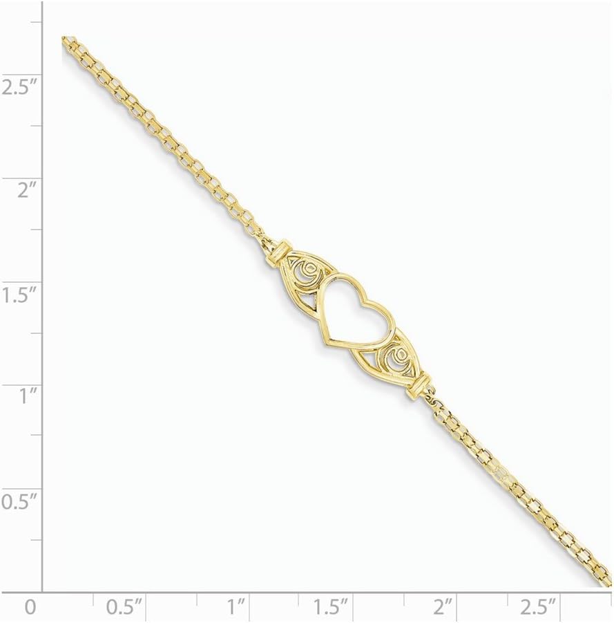 14kt Yellow Gold Polished Antiqued Heart Anklet; 10 inch