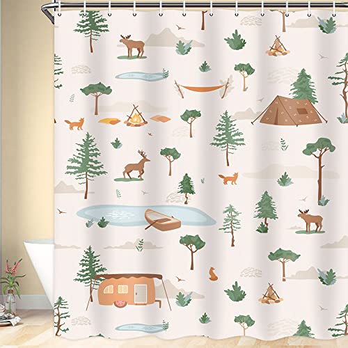 Image of Boziqr Camper RV Shower Curtain Travel Trailer Bathroom Accessories Wild Life Deer Moose Forest Decor Camping Shower Stall Curtains 70x72 Inches (Beige)