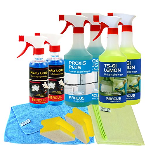 Preisvergleich Produktbild HAUSHALTSSET gebrauchsfertig (7360) - Fettlöser Sanitärreiniger Entkalker Scheibenreiniger Glasreiniger Nikotinentferner Rußentferner Entkalker Kalkentferner- ABACUS