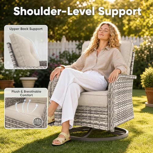 Image of 7-Piece Small Patio Furniture Set, Outdoor Swivel Rocking Chairs Set with 55,000 BTU Fire Pit Table Wicker Chairs and Tempered Glass Side Table, Patio Bistro Set for Balcony, Deck, Porch