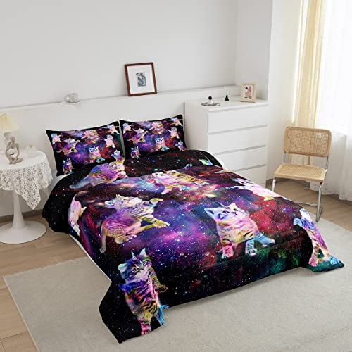 Galaxy Unicorn Comforter Set Kids Cute Unicorn Cats Bedding Set For Boys Girls Fairy Cartoon Animal Comforter Stars Rainbow Cats Decor Quilt Set Room Decor 3Pcs Full Size #TOP1