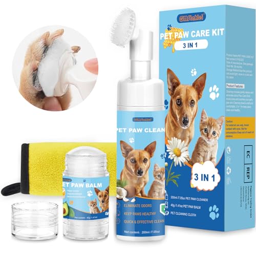 Kit de Cuidado de Patas para Perros y Gatos, Limpiador en Seco Sin Aclarado + Bálsamo Hidratante Protector (200 ml) + Toallas + Cepillo de Limpieza, Tratamiento Multifunción y Ecológico