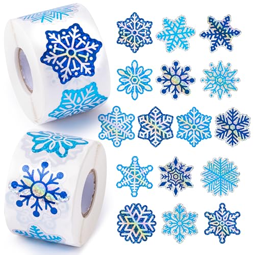 BeYumi Winter Snowflake Rolled Stickers - 1000Pcs Winter Blue Snowflake Laser Stickers in 2 Rolls Holographic Sparkly Glitter Christmas Adhesive Decals Gift Party Laptop Bottle Envelope Decor for Kids