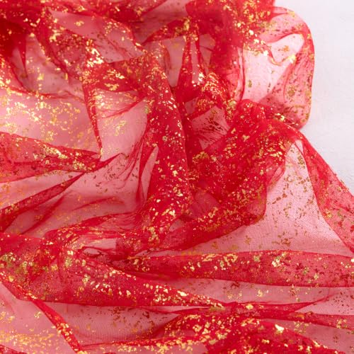 Image of Gold Glitter Table Runner Red Sheer Gauze Foil Table Runner 120 Inch