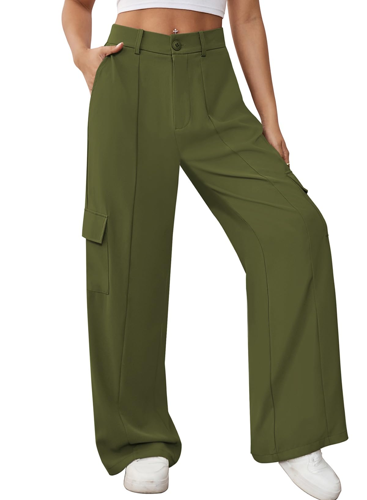 Pink Queen Women High Waisted Wide Leg Cargo Pants Button Down Loose Casual Trendy Work Trousers with 4