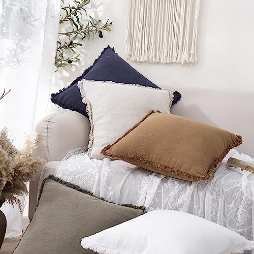 Image of Foindtower Set of 2 Decorative Linen Fringe Throw Pillow Covers Cozy Boho Farmhouse Cushion Cover with Tassels Soft Accent Pillowcase for Couch Sofa Bed Living Room Home Decor, 24x24 Inch, Khaki Brown