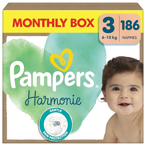 Pampers Harmonie Nappies Size 3 186 Nappies 6kg-10kg Monthly Pack Gentle Skin Protection with 100 Percent Pampers Protection